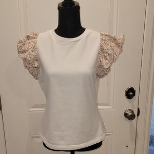 Polagram Cream Top with Floral Puff Sleeves